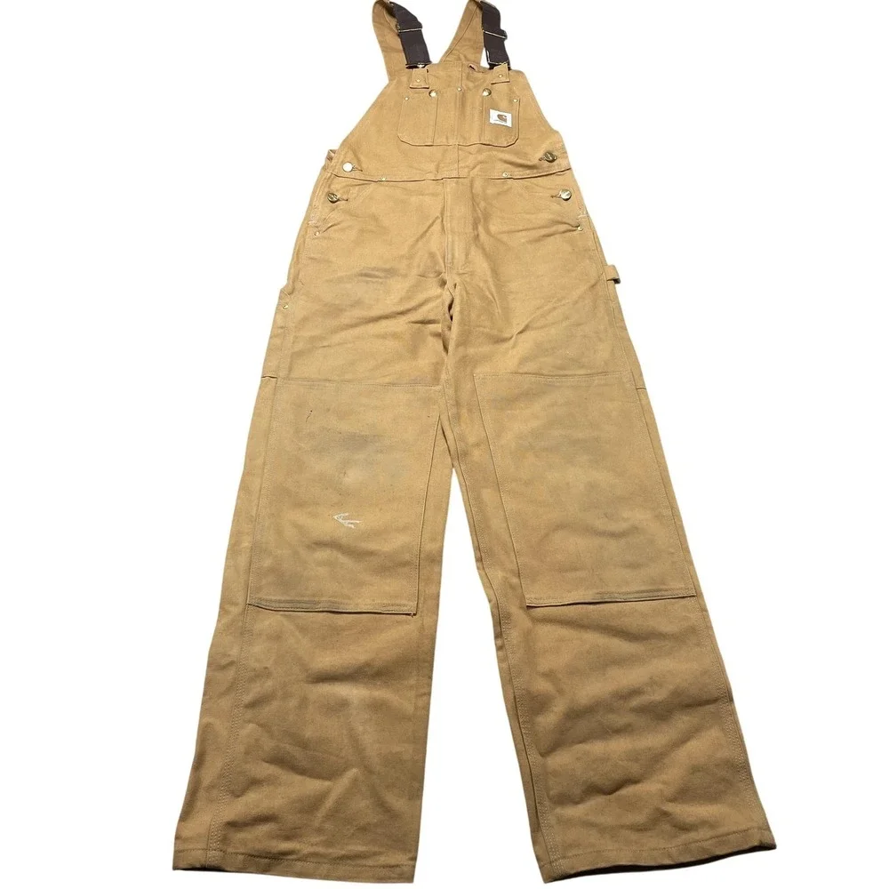 Carhartt Bib Overalls Mens 32x32 Brown Canvas Double Knee Workwear Carpenter